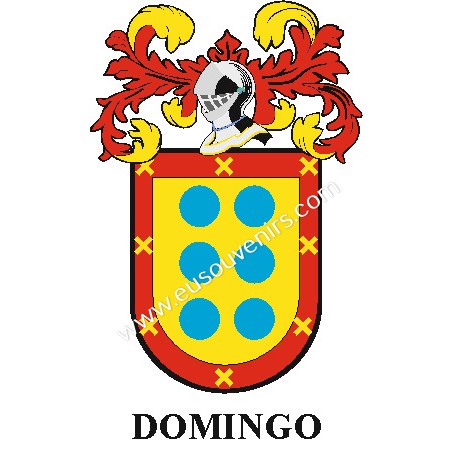 Llavero heráldico - DOMINGO - Personalizado con apellido, escudo de la familia y breve descripción del origen genealógico.