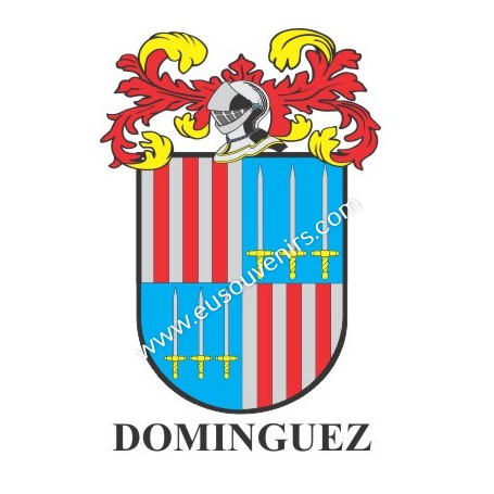 Heraldic keychain - DOMINGUEZ - Personalized with surname, family crest and brief description of the genealogical origin.