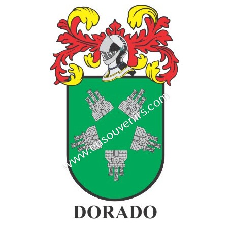 Llavero heráldico - DORADO - Personalizado con apellido, escudo de la familia y breve descripción del origen genealógico.