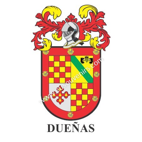 Llavero heráldico - DUEÑAS - Personalizado con apellido, escudo de la familia y breve descripción del origen genealógico.