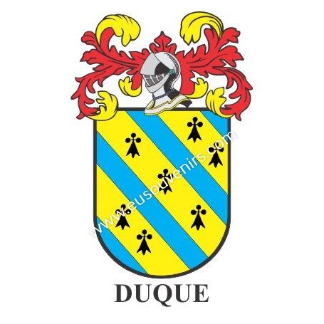 Porte-clés héraldique - DUQUE - Personnalisé avec le nom, l'écusson de la famille et une brève description de l'origine généalog