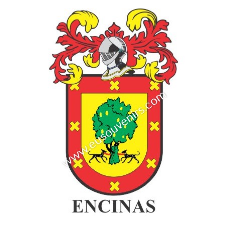 Heraldic keychain - ENCINAS - Personalized with surname, family crest and brief description of the genealogical origin.