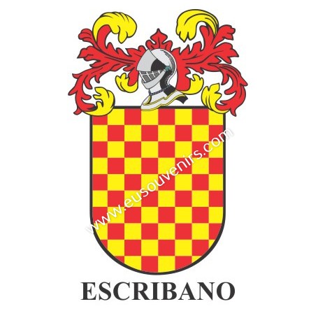 Heraldic keychain - ESCRIBANO - Personalized with surname, family crest and brief description of the genealogical origin.