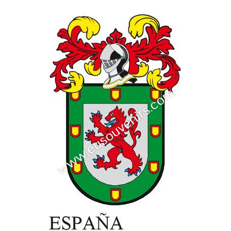 Llavero heráldico - ESPAÑA - Personalizado con apellido, escudo de la familia y breve descripción del origen genealógico.
