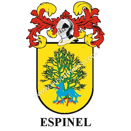 Heraldic keychain - ESPINEL - Personalized with surname, family crest and brief description of the genealogical origin.