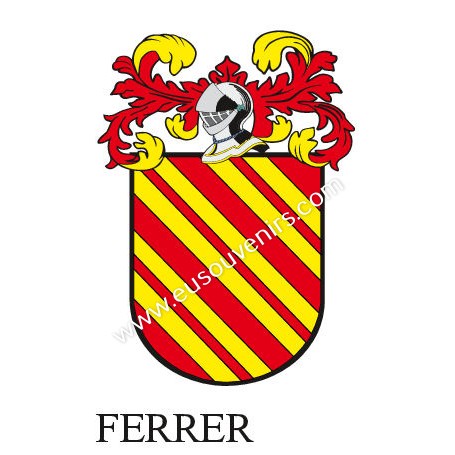 Heraldic keychain - FERRER - Personalized with surname, family crest and brief description of the genealogical origin.