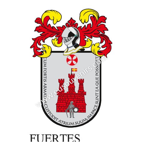 Heraldic keychain - FUERTES - Personalized with surname, family crest and brief description of the genealogical origin.