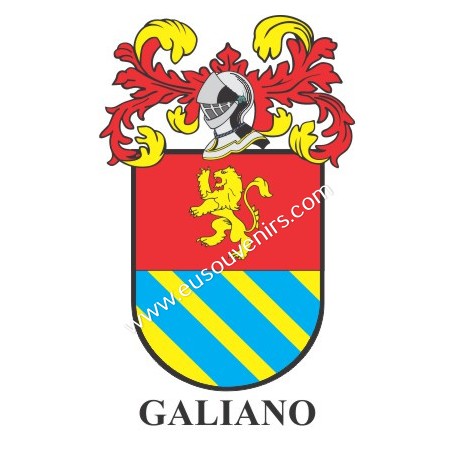 Llavero heráldico - GALIANO - Personalizado con apellido, escudo de la familia y breve descripción del origen genealógico.