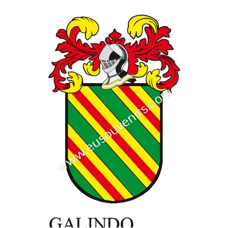 Heraldic keychain - GALINDO - Personalized with surname, family crest and brief description of the genealogical origin.