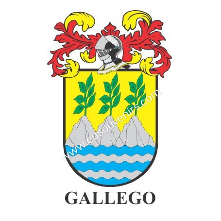 Llavero heráldico - GALLEGO - Personalizado con apellido, escudo de la familia y breve descripción del origen genealógico.