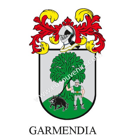 Heraldic keychain - GARMENDIA - Personalized with surname, family crest and brief description of the genealogical origin.