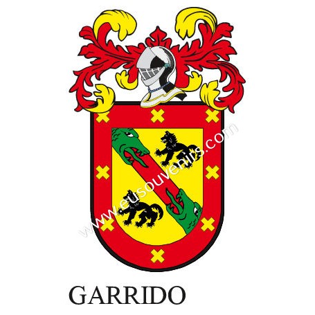 Heraldic keychain - GARRIDO - Personalized with surname, family crest and brief description of the genealogical origin.