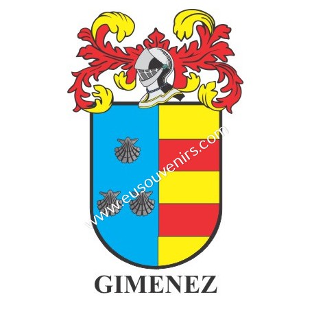 Llavero heráldico - GIMENEZ - Personalizado con apellido, escudo de la familia y breve descripción del origen genealógico.