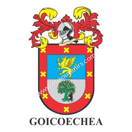 Heraldic keychain - GOICOECHEA - Personalized with surname, family crest and brief description of the genealogical origin.