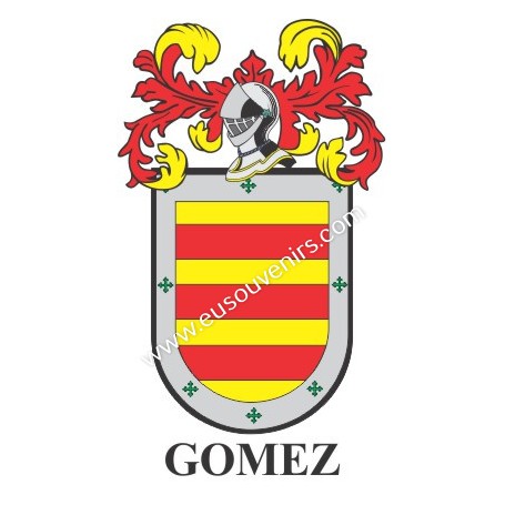 Heraldic keychain - GOMEZ - Personalized with surname, family crest and brief description of the genealogical origin.