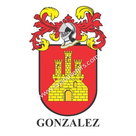 Heraldic keychain - GONZALEZ - Personalized with surname, family crest and brief description of the genealogical origin.