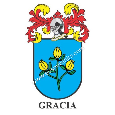 Heraldic keychain - GRACIA - Personalized with surname, family crest and brief description of the genealogical origin.