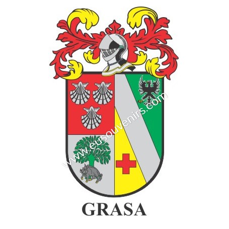 Llavero heráldico - GRASA - Personalizado con apellido, escudo de la familia y breve descripción del origen genealógico.