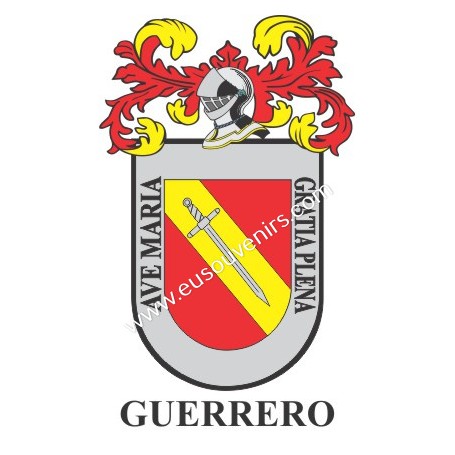 Llavero heráldico - GUERRERO - Personalizado con apellido, escudo de la familia y breve descripción del origen genealógico.