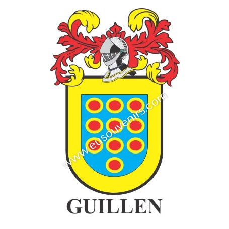 Heraldic keychain - GUILLEN - Personalized with surname, family crest and brief description of the genealogical origin.