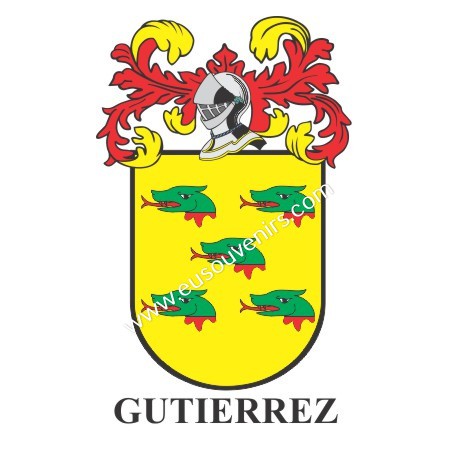 Heraldic keychain - GUTIERREZ - Personalized with surname, family crest and brief description of the genealogical origin.