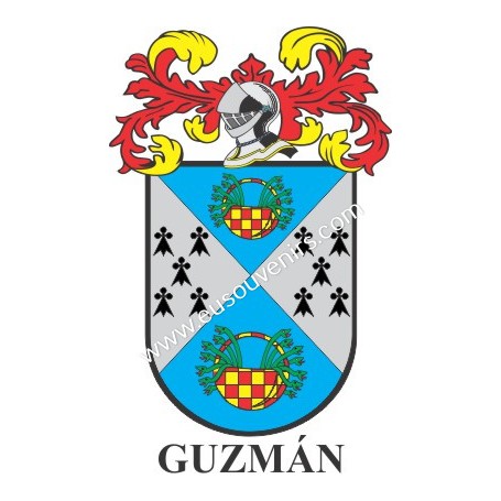 Porte-clés héraldique - GUZMAN - Personnalisé avec le nom, l'écusson de la famille et une brève description de l'origine généalo