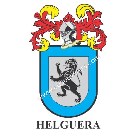 Heraldic keychain - HELGUERA - Personalized with surname, family crest and brief description of the genealogical origin.
