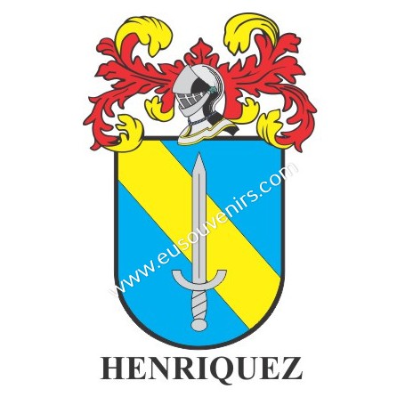 Llavero heráldico - HENRIQUEZ - Personalizado con apellido, escudo de la familia y breve descripción del origen genealógico.