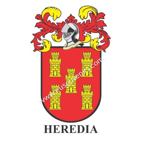 Heraldic keychain - HEREDIA - Personalized with surname, family crest and brief description of the genealogical origin.