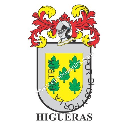 Llavero heráldico - HIGUERAS - Personalizado con apellido, escudo de la familia y breve descripción del origen genealógico.