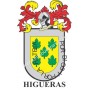 Heraldic keychain - HIGUERAS - Personalized with surname, family crest and brief description of the genealogical origin.