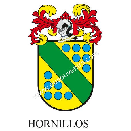 Heraldic keychain - HORNILLOS - Personalized with surname, family crest and brief description of the genealogical origin.