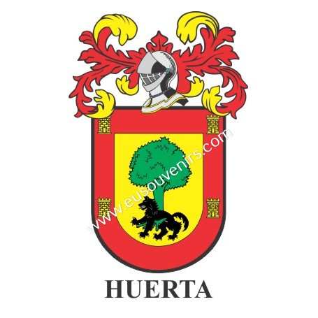 Porte-clés héraldique - HUERTA - Personnalisé avec le nom, l'écusson de la famille et une brève description de l'origine généalo