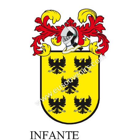 Heraldic keychain - INFANTE - Personalized with surname, family crest and brief description of the genealogical origin.