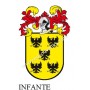 Llavero heráldico - INFANTE - Personalizado con apellido, escudo de la familia y breve descripción del origen genealógico.