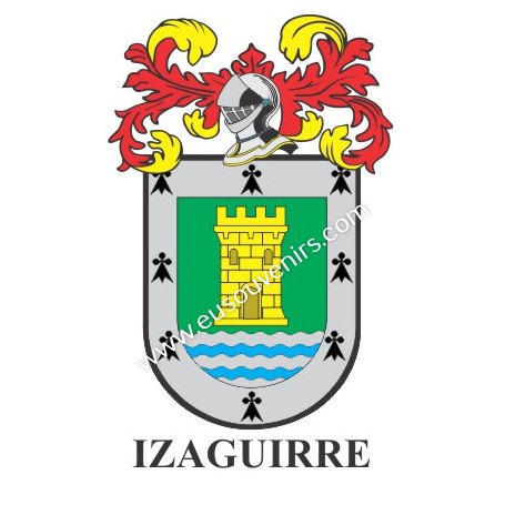 Heraldic keychain - IZAGUIRRE - Personalized with surname, family crest and brief description of the genealogical origin.