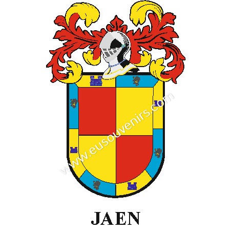 Heraldic keychain - JAEN - Personalized with surname, family crest and brief description of the genealogical origin.