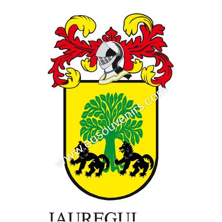 Porte-clés héraldique - JAUREGUI - Personnalisé avec le nom, l'écusson de la famille et une brève description de l'origine généa