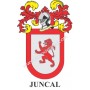 Heraldic keychain - JUNCAL - Personalized with surname, family crest and brief description of the genealogical origin.