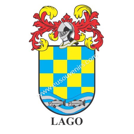 Heraldic keychain - LAGO - Personalized with surname, family crest and brief description of the genealogical origin.