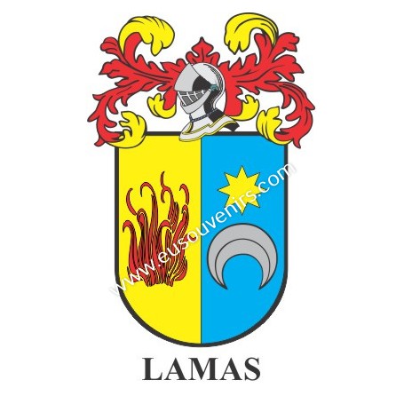 Heraldic keychain - LAMAS - Personalized with surname, family crest and brief description of the genealogical origin.