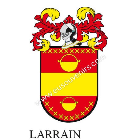 Heraldic keychain - LARRAIN - Personalized with surname, family crest and brief description of the genealogical origin.