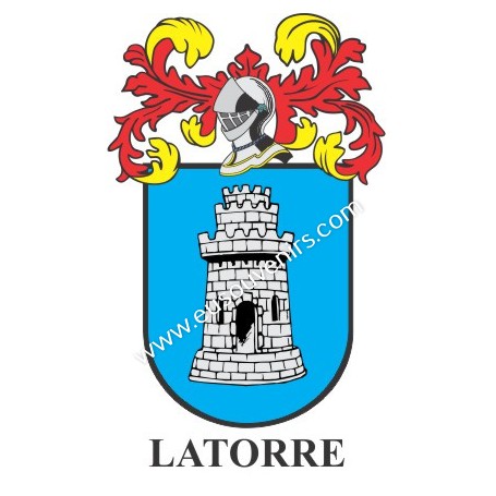 Heraldic keychain - LATORRE - Personalized with surname, family crest and brief description of the genealogical origin.