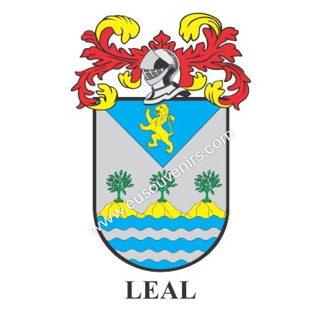 Heraldic keychain - LEAL - Personalized with surname, family crest and brief description of the genealogical origin.