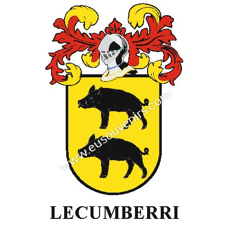 Heraldic keychain - LECUMBERRI - Personalized with surname, family crest and brief description of the genealogical origin.