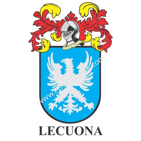 Heraldic keychain - LECUONA - Personalized with surname, family crest and brief description of the genealogical origin.