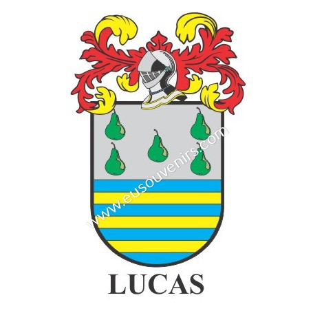 Llavero heráldico - LUCAS - Personalizado con apellido, escudo de la familia y breve descripción del origen genealógico.