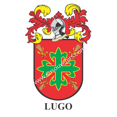 Heraldic keychain - LUGO - Personalized with surname, family crest and brief description of the genealogical origin.