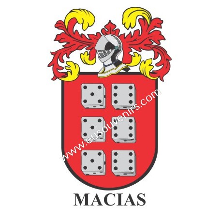 Porte-clés héraldique - MACIAS - Personnalisé avec le nom, l'écusson de la famille et une brève description de l'origine généalo