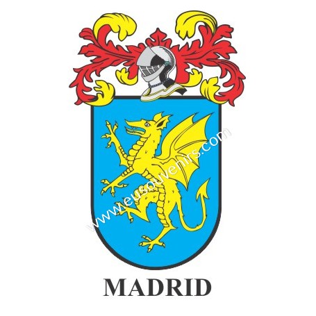 Heraldic keychain - MADRID - Personalized with surname, family crest and brief description of the genealogical origin.